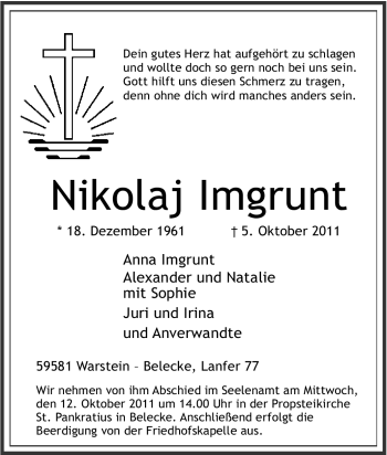 Traueranzeige von Nikolaj Imgrunt von Tageszeitung