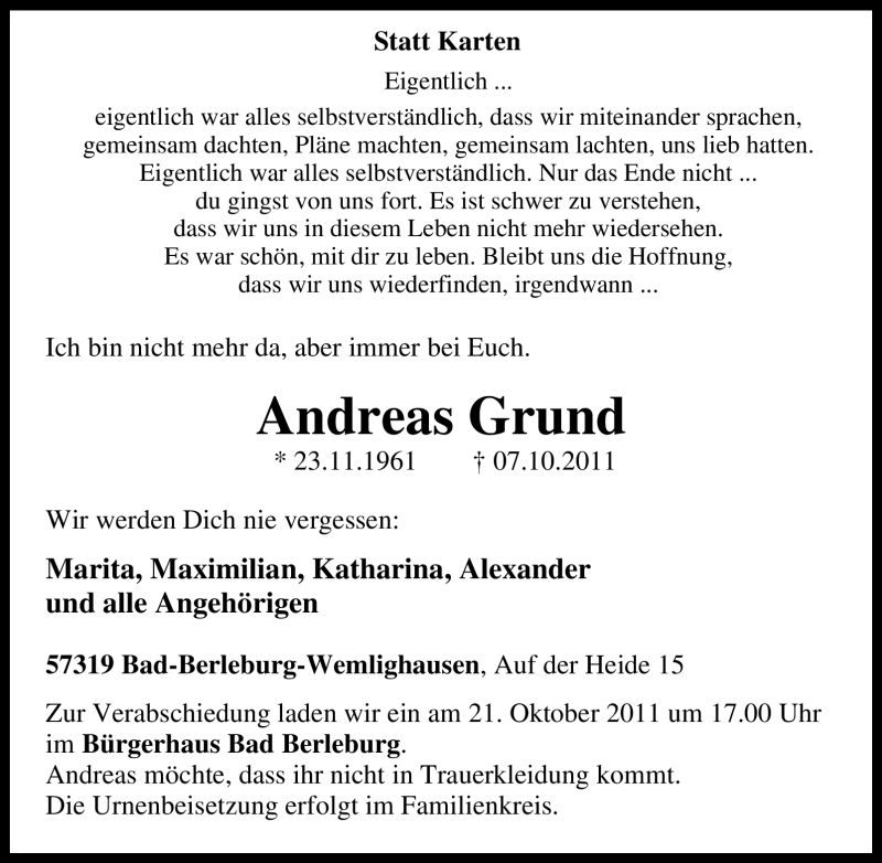  Traueranzeige für Andreas Grund vom 11.10.2011 aus Tageszeitung
