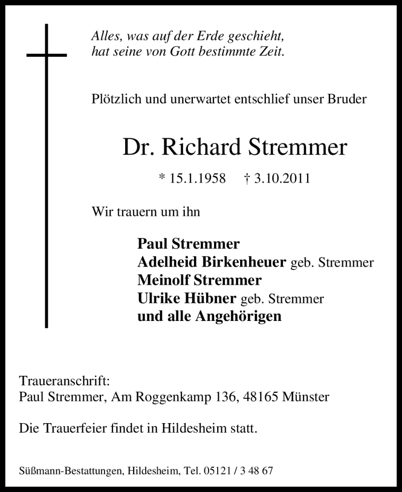  Traueranzeige für Richard Stremmer vom 07.10.2011 aus Tageszeitung