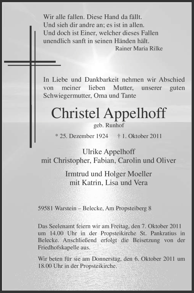  Traueranzeige für Christel Appelhoff vom 04.10.2011 aus Tageszeitung