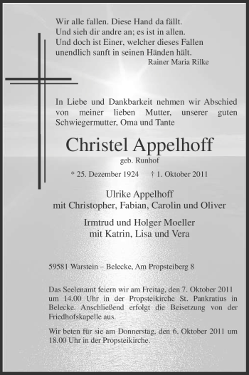 Traueranzeige von Christel Appelhoff von Tageszeitung