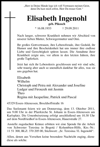 Traueranzeige von Elisabeth Ingenohl von Tageszeitung