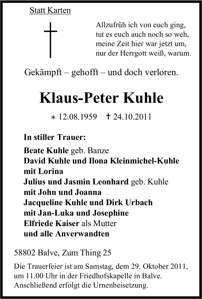  Traueranzeige für Klaus-Peter Kuhle vom 26.10.2011 aus Tageszeitung