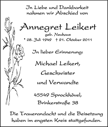 Traueranzeige von Annegret Leikert von Tageszeitung