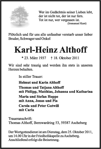 Traueranzeige von Karl-Heinz Althoff von Tageszeitung