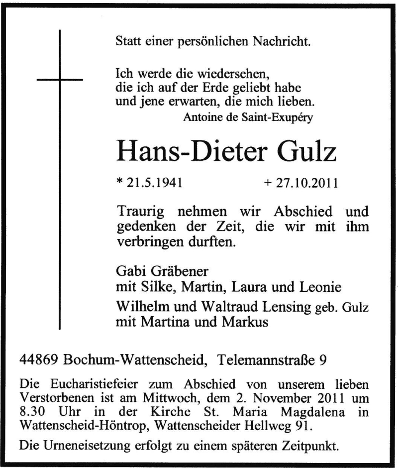  Traueranzeige für Hans-Dieter Gulz vom 29.10.2011 aus Tageszeitung