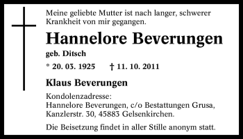 Traueranzeige von Hannelore Beverungen von Tageszeitung