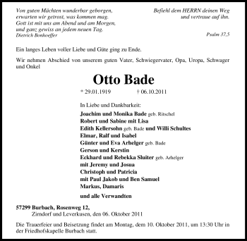 Traueranzeige von Otto Bade von Tageszeitung