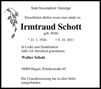 Traueranzeige von Irmtraud Schott von Tageszeitung