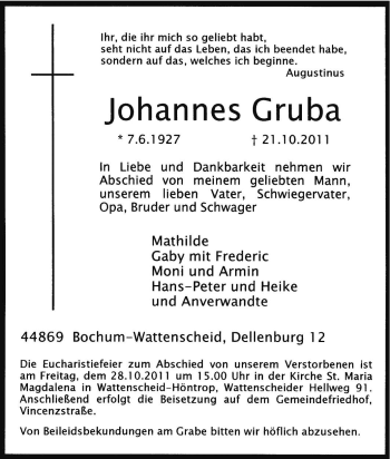 Traueranzeige von Johannes Gruba von Tageszeitung