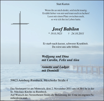 Traueranzeige von Josef Babilon von Tageszeitung