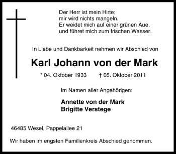 Traueranzeige von Karl Johann von der Mark von Tageszeitung