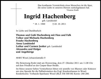 Traueranzeige von Ingrid Hachenberg von Tageszeitung