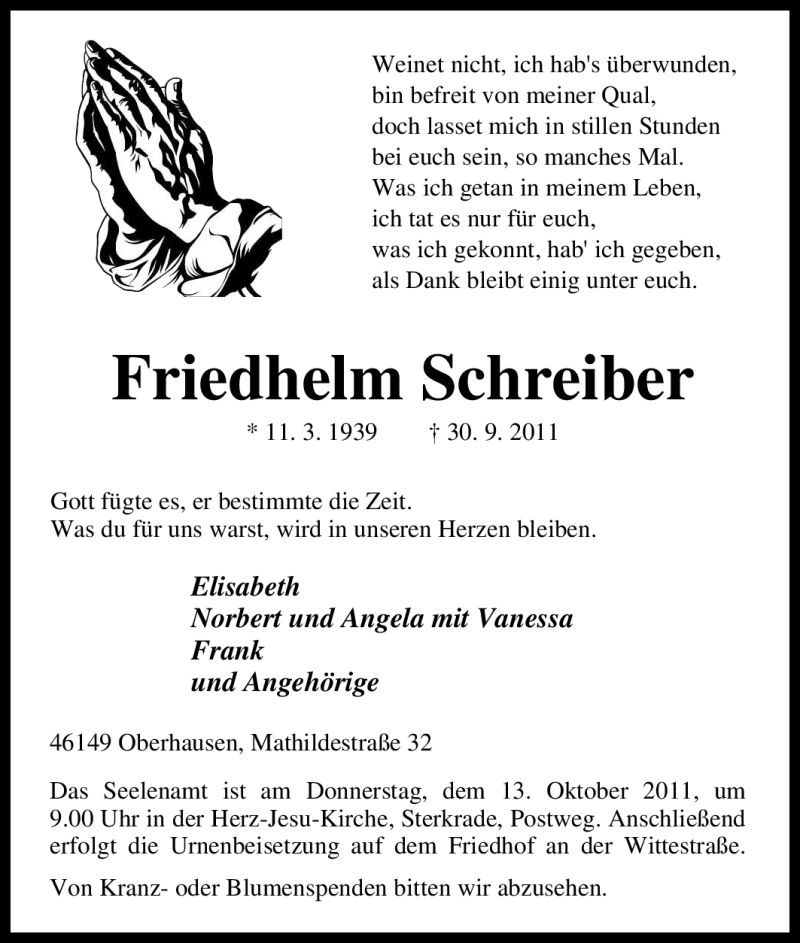  Traueranzeige für Friedhelm Schreiber vom 08.10.2011 aus Tageszeitung