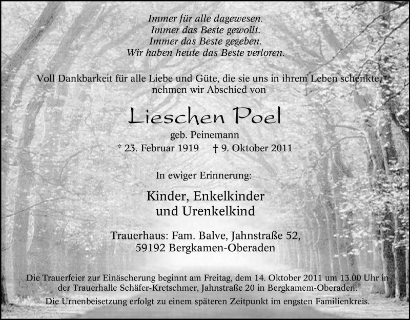 Traueranzeige für Lieschen Poel vom 11.10.2011 aus Tageszeitung