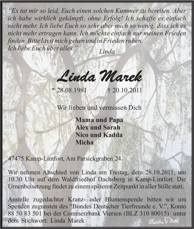  Traueranzeige für Linda Marek vom 25.10.2011 aus Tageszeitung