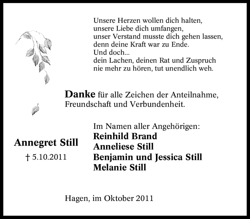  Traueranzeige für Annegret Still vom 29.10.2011 aus Tageszeitung