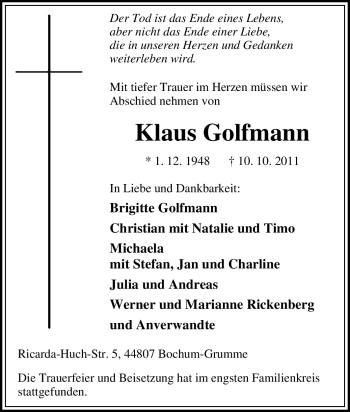 Traueranzeige von Klaus Golfmann von Tageszeitung