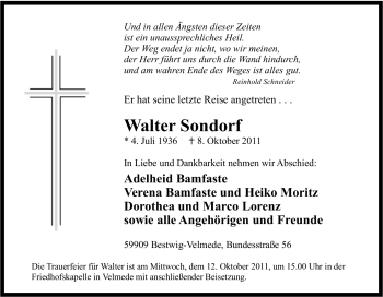 Traueranzeige von Walter Sondorf von Tageszeitung