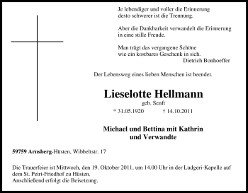 Traueranzeige von Lieselotte Hellmann von Tageszeitung