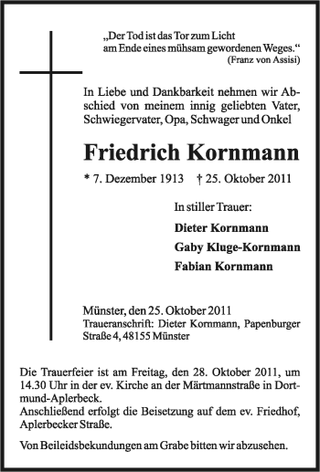 Traueranzeige von Friedrich Kornmann von Tageszeitung