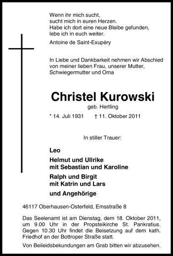 Traueranzeige von Christel Kurowski von Tageszeitung