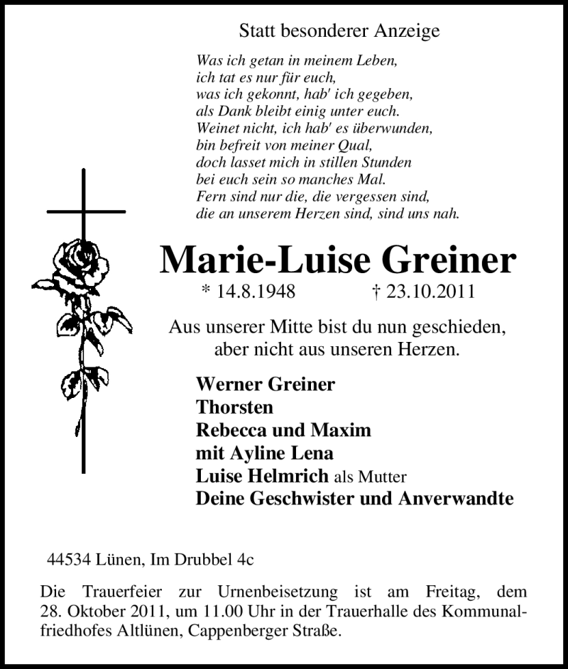  Traueranzeige für Marie-Luise Greiner vom 25.10.2011 aus Tageszeitung