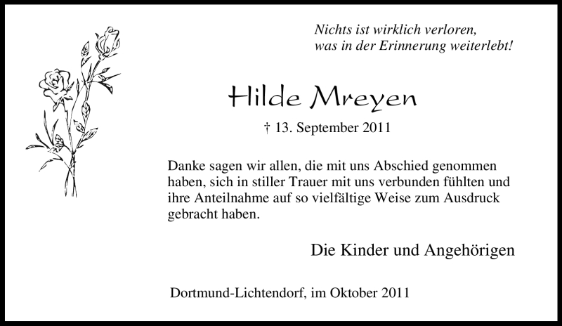  Traueranzeige für Hilde Mreyen vom 15.10.2011 aus Tageszeitung