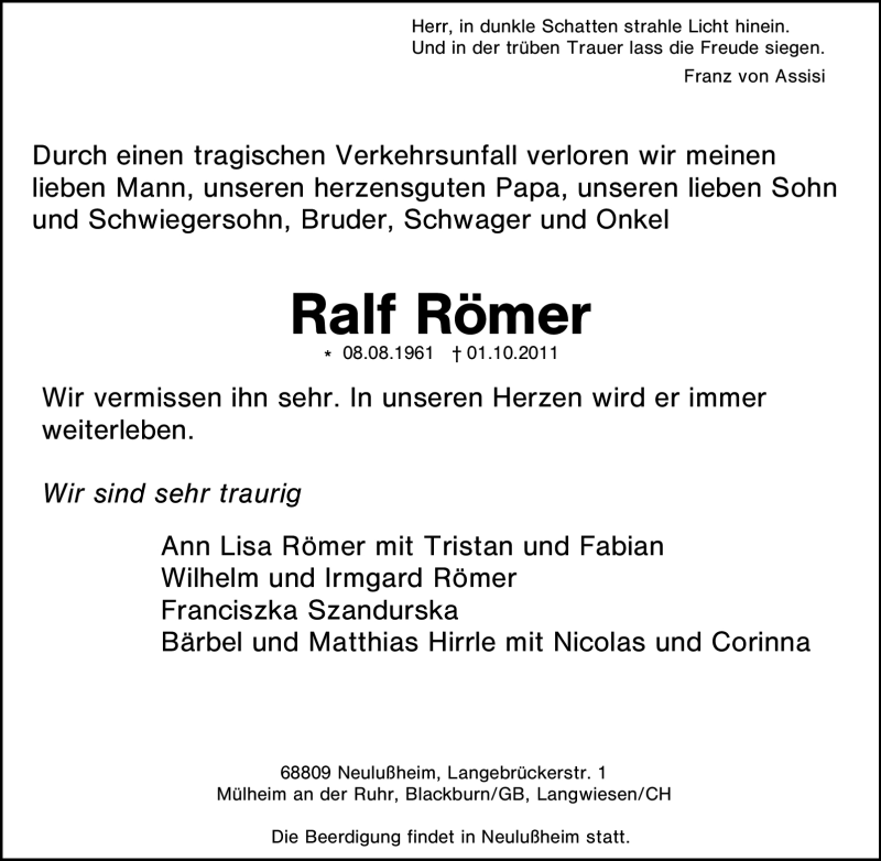  Traueranzeige für Ralf Römer vom 06.10.2011 aus Tageszeitung