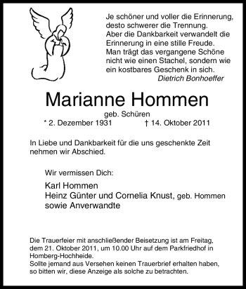 Traueranzeige von Marianne Hommen von Tageszeitung
