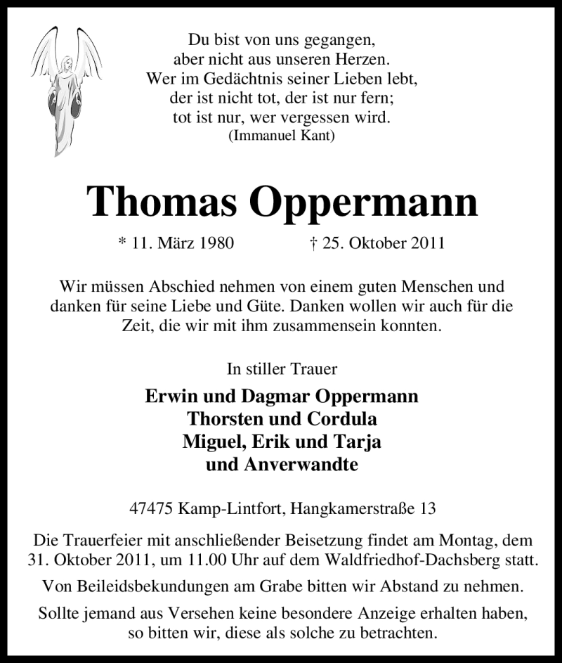  Traueranzeige für Thomas Oppermann vom 27.10.2011 aus Tageszeitung