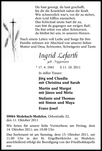 Traueranzeige von Ingrid Lefarth von Tageszeitung