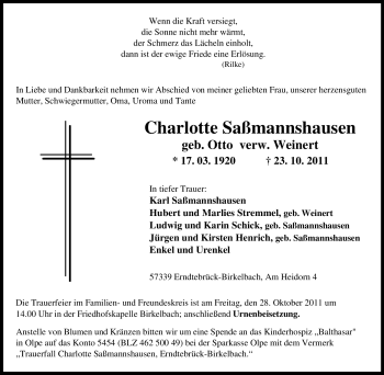 Traueranzeige von Charlotte Saßmannshausen von Tageszeitung