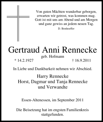 Traueranzeige von Gertraud Anni Rennecke von Tageszeitung