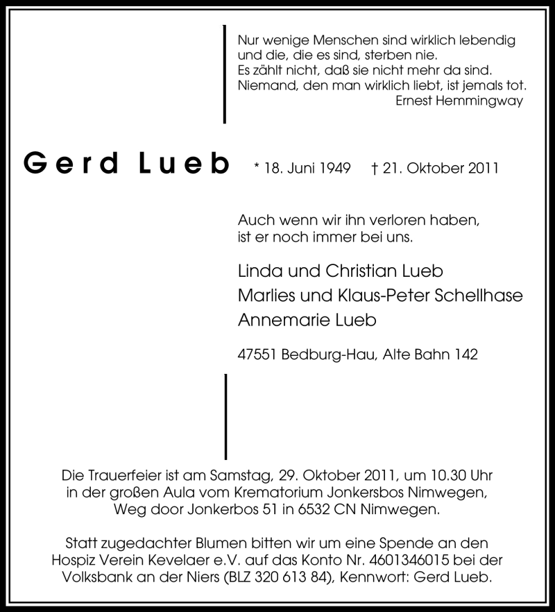  Traueranzeige für Gerd Lueb vom 26.10.2011 aus Tageszeitung