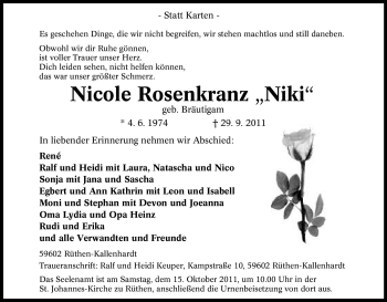 Traueranzeige von Nicole Rosenkranz von Tageszeitung