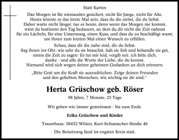 Traueranzeige von Herta Grüschow von Tageszeitung