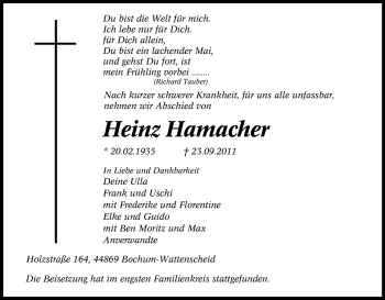 Traueranzeige von Heinz Hamacher von Tageszeitung