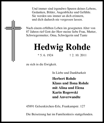 Traueranzeige von Hedwig Rohde von Tageszeitung