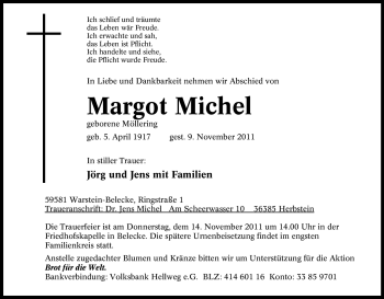 Traueranzeige von Margot Michel von Tageszeitung