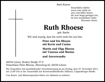 Traueranzeige von Ruth Rhoese von Tageszeitung