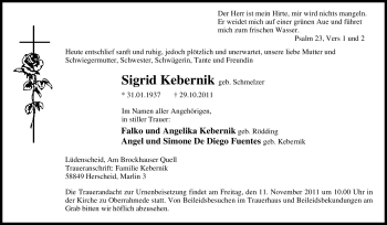 Traueranzeige von Sigrid Kebernik von Tageszeitung