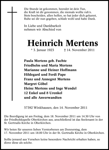 Traueranzeige von Heinrich Mertens von Tageszeitung