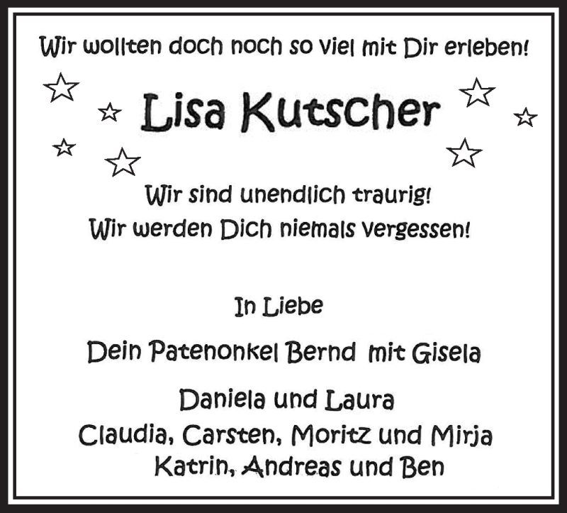  Traueranzeige für Lisa Kutscher vom 17.11.2011 aus Tageszeitung