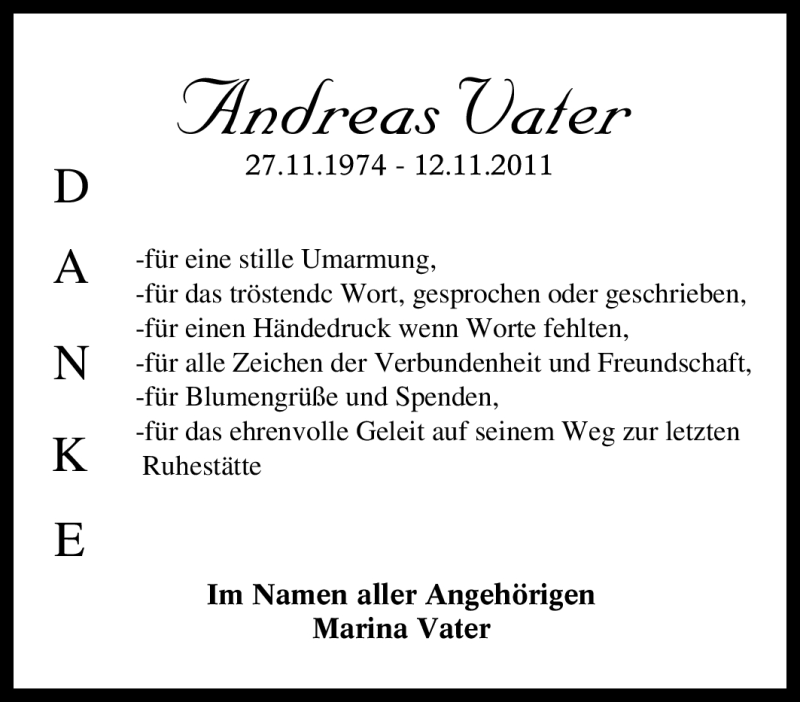  Traueranzeige für Andreas Vater vom 23.11.2011 aus Tageszeitung