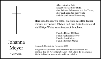 Traueranzeige von Johanna Meyer von Tageszeitung