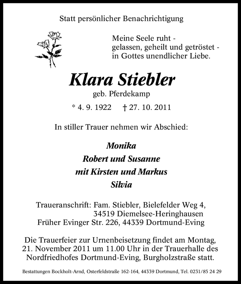  Traueranzeige für Klara Stiebler vom 12.11.2011 aus Tageszeitung