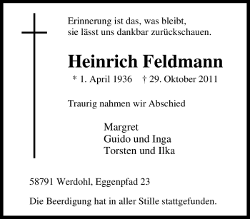 Traueranzeige von Heinrich Feldmann von Tageszeitung