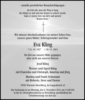 Traueranzeige von Eva Kling von Tageszeitung