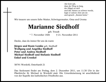 Traueranzeige von Marianne Siedhoff von Tageszeitung